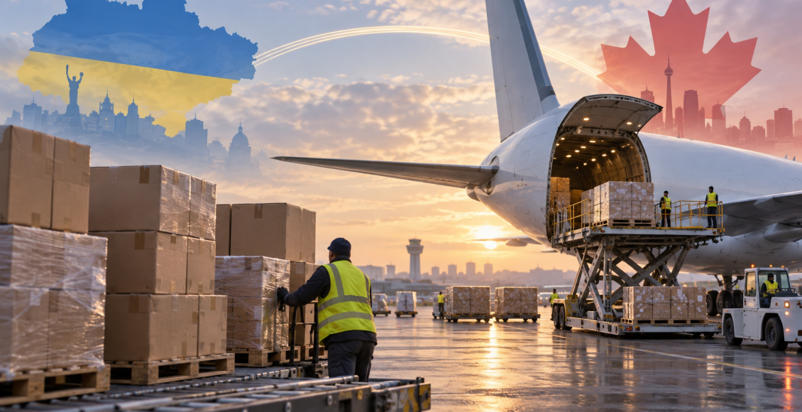 Концептуальна ілюстрація міжнародної доставки посилок між Україною та Канадою